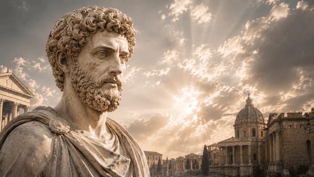 Busto de Marco Aurelio junto a un cielo claro y nubes suaves representando la reflexión "La felicidad de tu vida depende de la calidad de tus pensamientos".