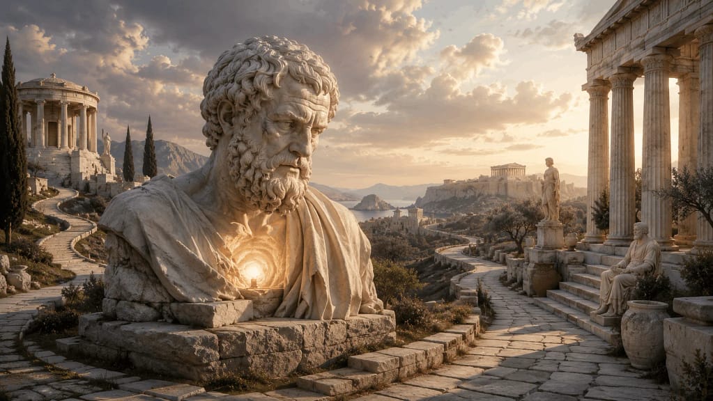Busto de Heráclito junto a varios caminos de piedra y un horizonte infinito representando la reflexión "Los límites del alma no los hallarás, aunque recorras todos los caminos".