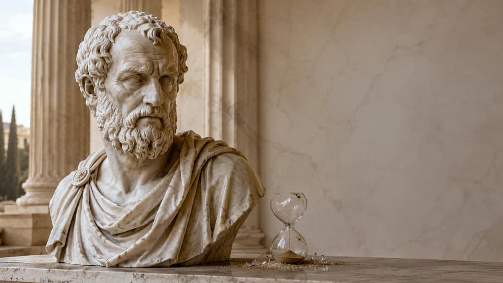 Busto de Séneca junto a un reloj de arena roto representando la reflexión "No es que tengamos poco tiempo, sino que perdemos mucho".