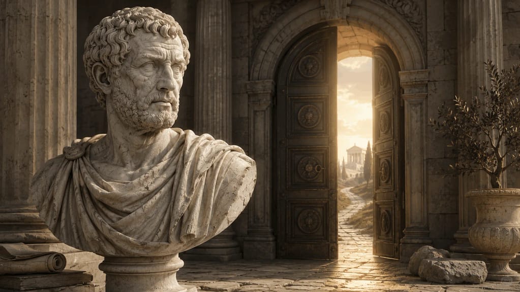 Busto de Séneca junto a una puerta romana cerrada y un camino de piedra representando la reflexión "No nos atrevemos porque las cosas son difíciles; son difíciles porque no nos atrevemos".