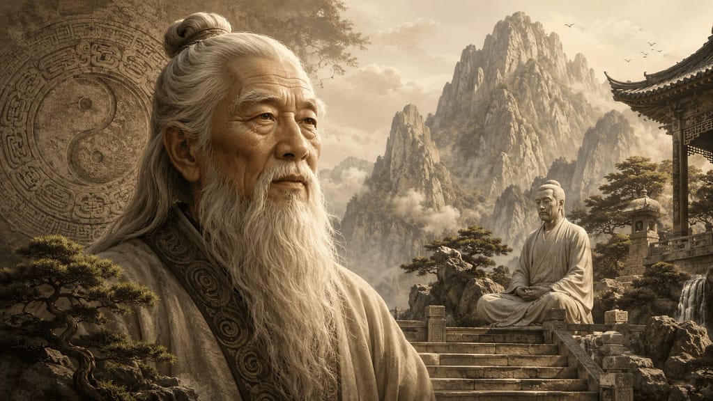 Retrato clásico de Lao Tse junto a una montaña y una figura meditativa representando la reflexión "Quien vence a los demás es fuerte; quien se vence a sí mismo es poderoso".