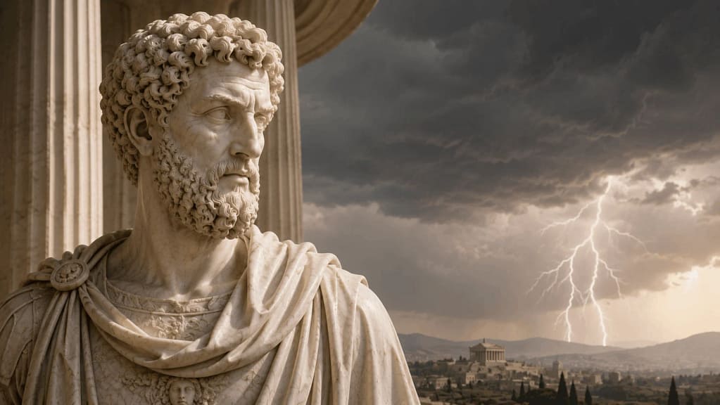 Busto de Marco Aurelio observando una tormenta mientras permanece sereno, representando la reflexión "Tienes poder sobre tu mente, no sobre los acontecimientos".
