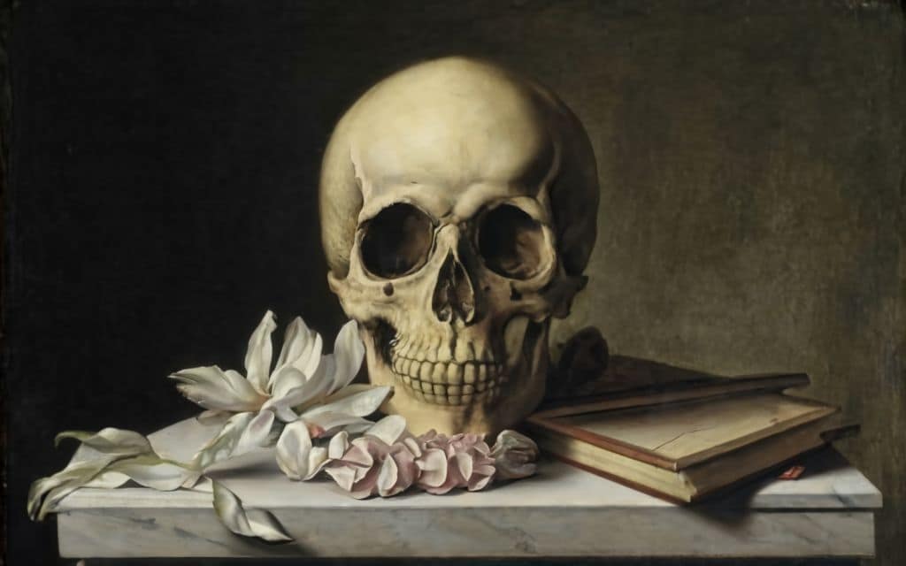 Una pintura vibrante que entrelaza los temas de la vida y la muerte a través de una sorprendente composición de una calavera adornada con flores de colores delicadamente dispuestas sobre una mesa. Una alegoría a Memento Mori un principio clave para el estoicismo