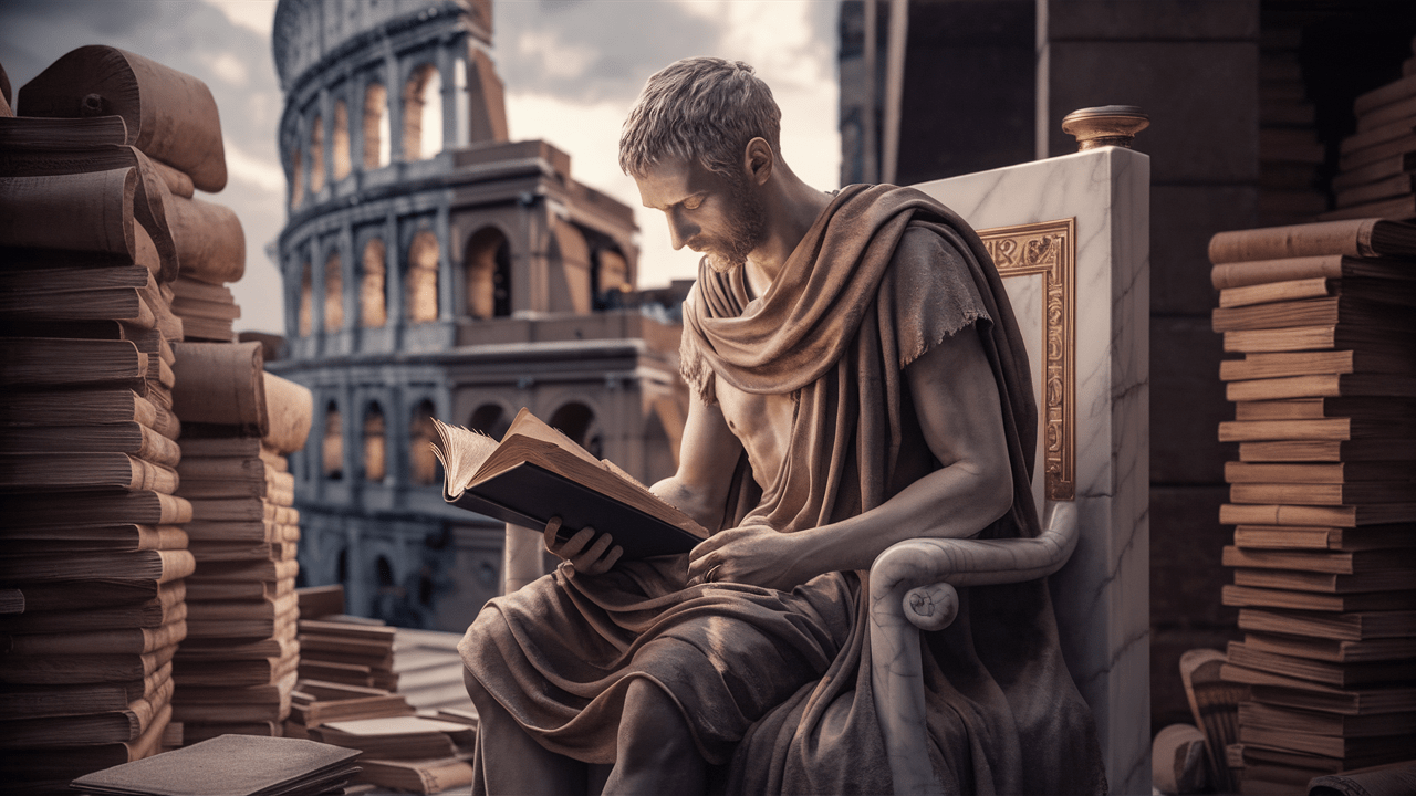 Marco Aurelio lee un libro sobre el estoicismo rodeado de montones de libros, con el Coliseo al fondo.